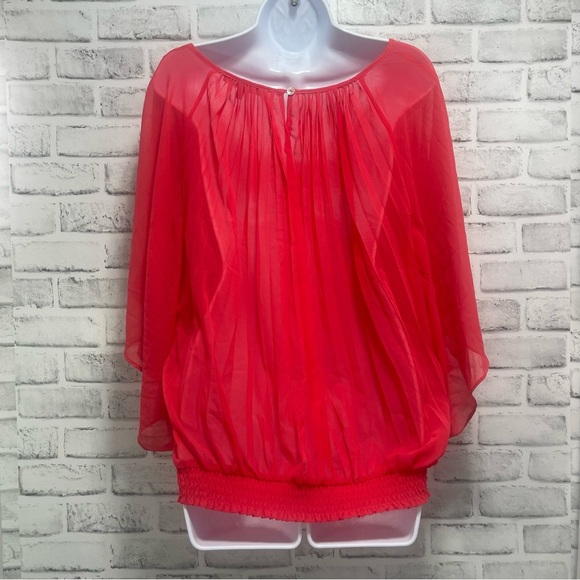 Daniel Rainn Pleated Sheer Batwing Reddish Pink Blouse Medium - Picture 4 of 8
